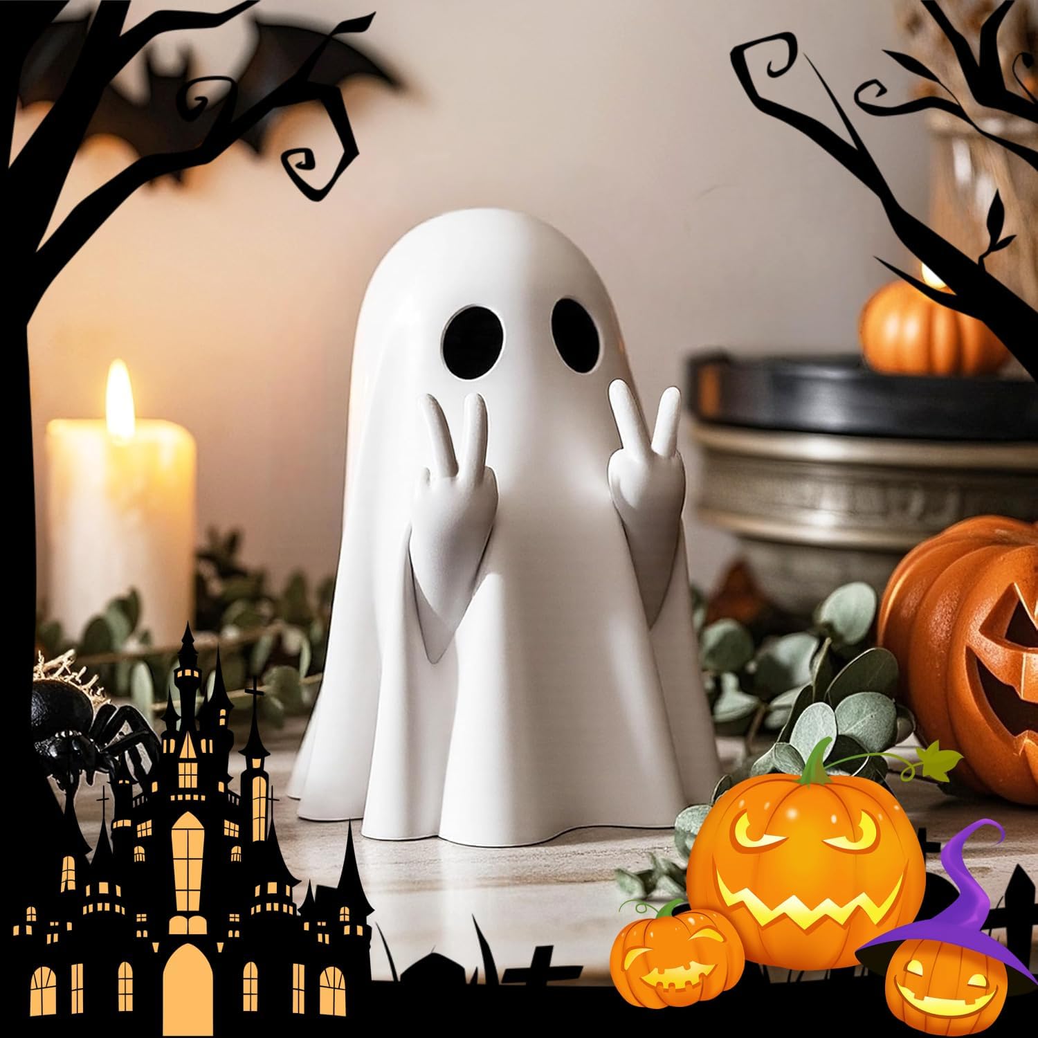 Halloween Ghost Figurine, Halloween Decor Indoor, Cute Finger Ghost Decorations, Funny Finger Ghost Ornaments, Coffee Table Centerpieces Shelf Mantel Display (A)